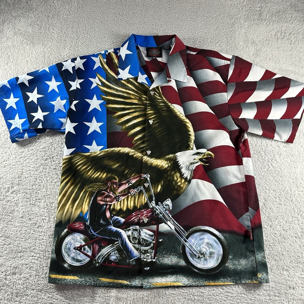 VINTAGE Dragonfly Roadhouse Shirt Mens XXL 2X Button Up USA America‎ Biker AOP